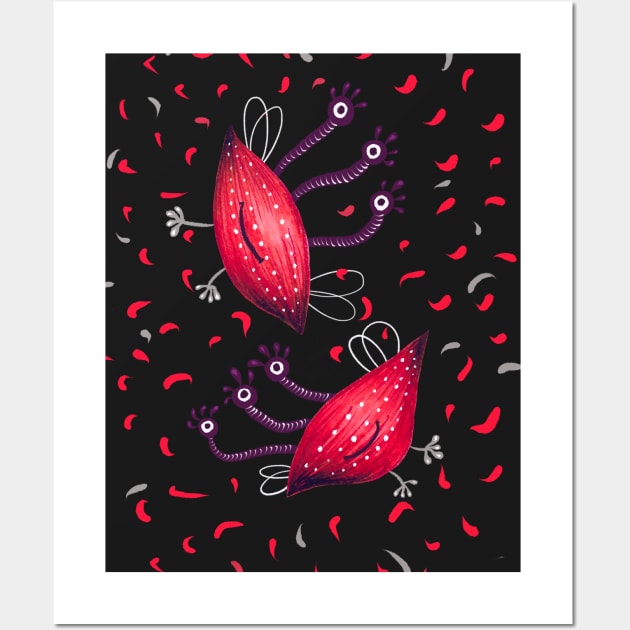 Cute Funny Red Three Eyed Cartoon Aliens Wall Art by Boriana Giormova